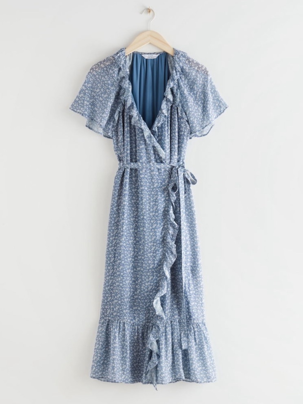 NWT & Other Stories Blue White Floral Midi Wrap Dress with Ruffle Trim Size 0